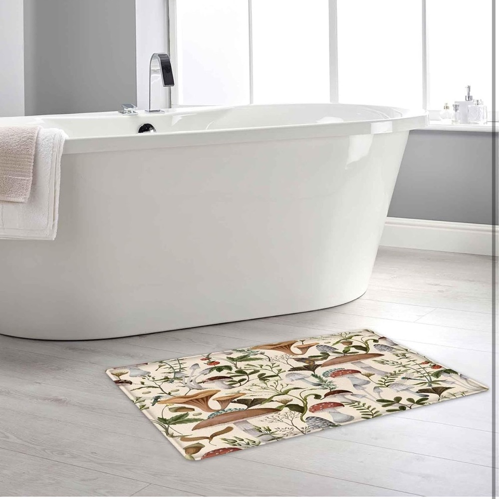 Botanical Mushroom Bath Mat - Neutral Forest Print, Memory Foam, NWOT - Picture 4 of 9